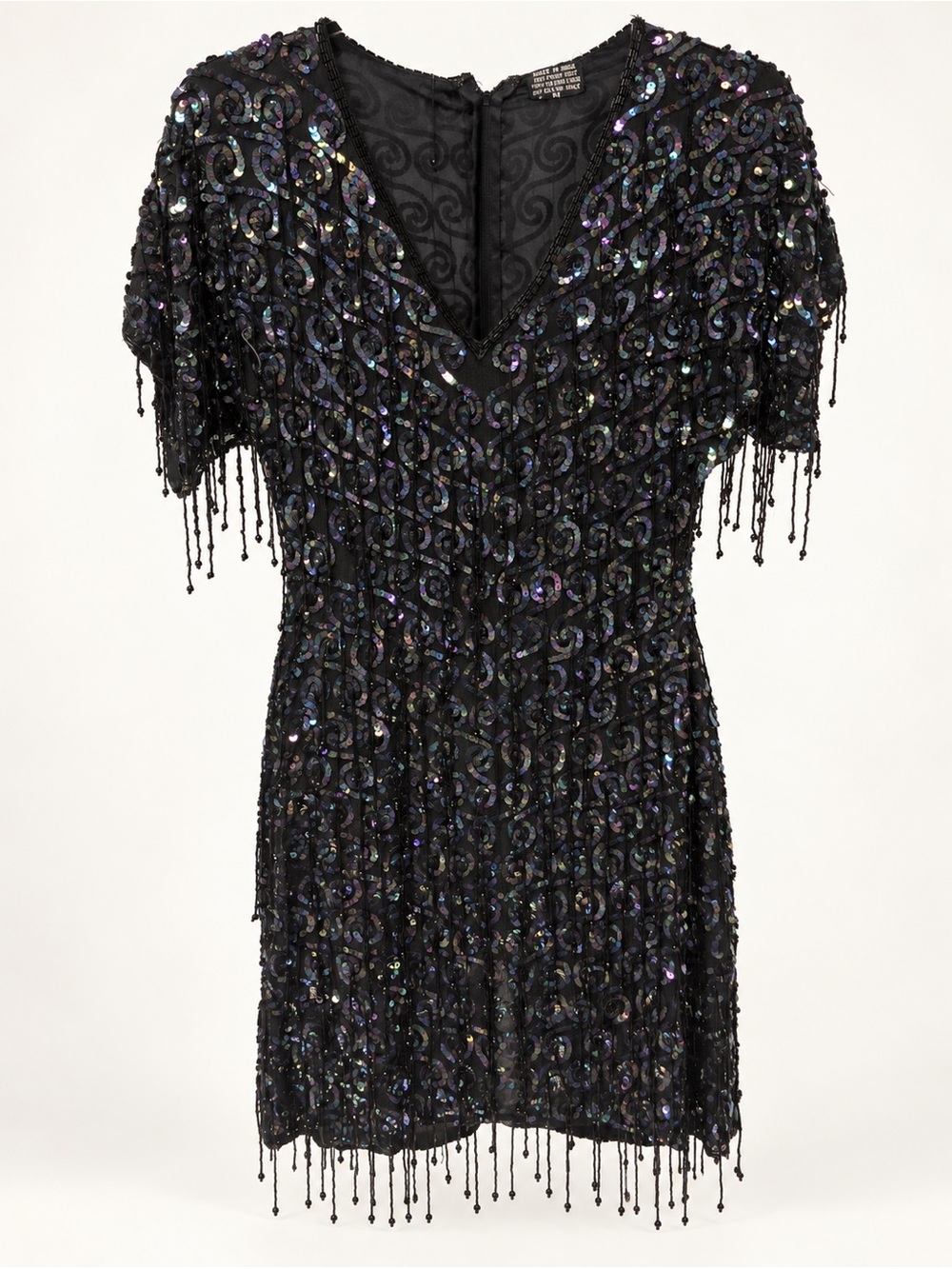 Vintage Black Silk Beaded Sequin Fringe Cocktail Dress Size M